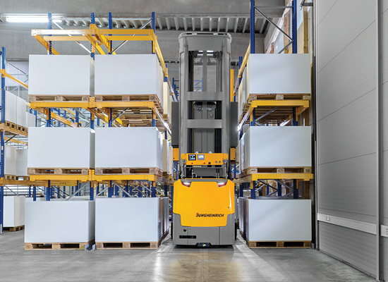 aerial view of eks 215a agv pallet stacker